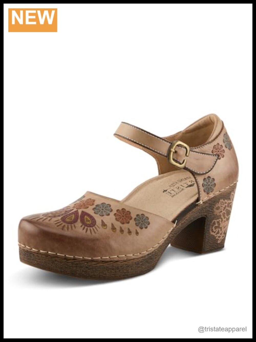 Hand-Painted Leather Mary Jane Floral Strap Heel with Arch Support